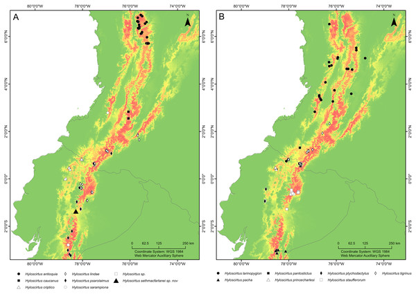 Maps of northwestern South America showing the ecological niche modeling for all species of the northern clade of the Hyloscirtus larinopygion species group (yellow to red shadows).
