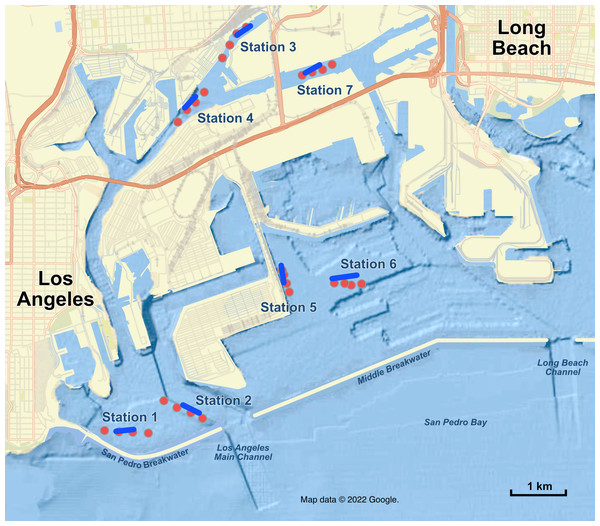 Map of sampling stations in the Port of Los Angeles and Port of Long Beach.
