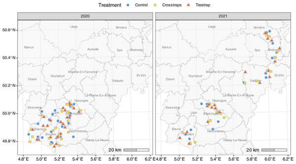 Distribution of the sites for each treatment.