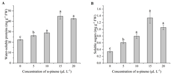 Levels of water-soluble proteins and soluble sugars in the leaves of drooping wildryegrass seedlings subjected to 0, 5, 10, 15 and 20 µL L−1α-pinene for 4 days (with Kruskal–Wallis test).