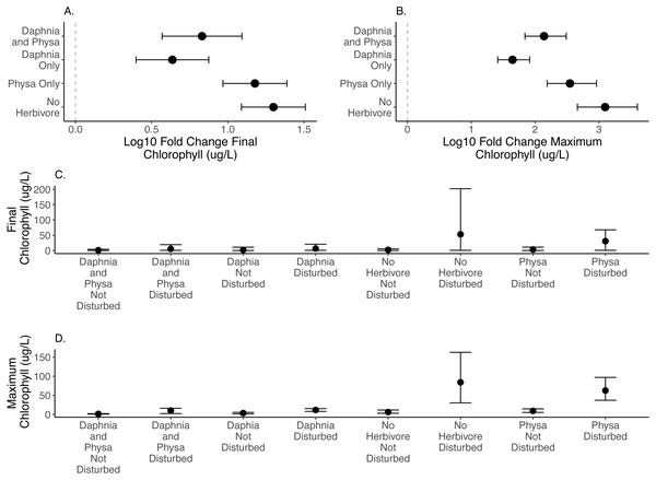 Log10 fold change in final (A) and maximum (B) chlorophyll-a (µg/L) between undisturbed and disturbed treatments. Distance from 0 (the dashed vertical line) indicates the magnitude of the change. Raw data summary for final (C) and maximum (D) chlorophyll-a (µg/L).