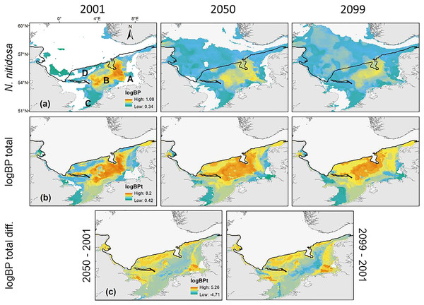 The projected and predicted spatial distribution of the analysed BPp for the species Nucula nitidosa (A), BPt (B) and BPt difference (C) between 2001 and 2050 as well as 2001 and 2099 in the North Sea.