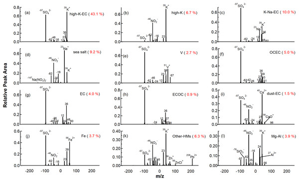 Average mass spectra of 12 major particle types classified using the Art-2a clustering algorithm.