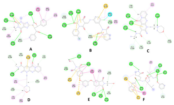 2D interaction patterns of the hit compounds 1 (A), 2 (B), 3 (C), 4 (D), 5 (E) and the standard III (F) in complex with SARS-CoV-2 Mpro (3CLpro).