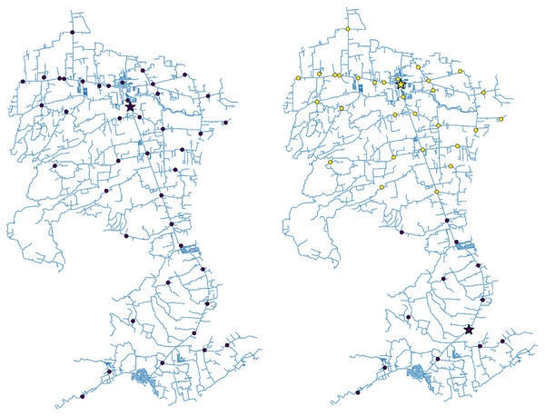 The roadmap of San Juan, Batangas showing the optimal locations of one (left) or two (right) vaccination sites.