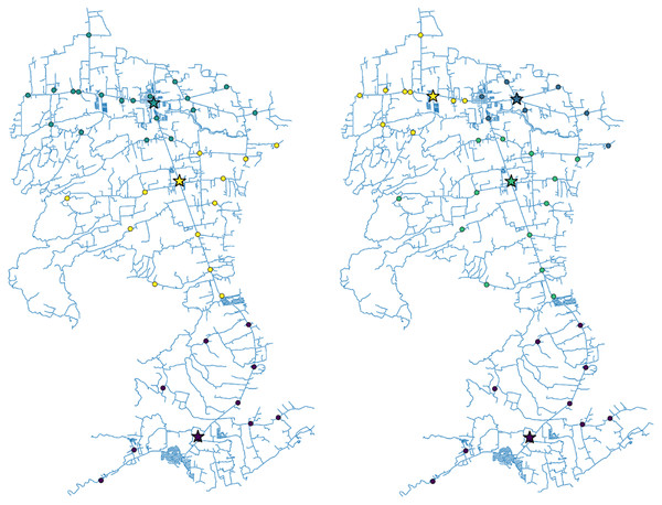 The roadmap of San Juan, Batangas showing the optimal locations of three (left) or four (right) vaccination sites.