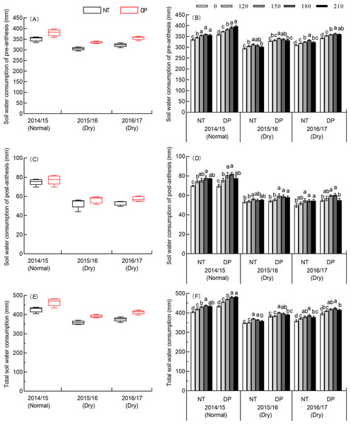 Effects of tillage and N rate on soil water consumption of 0–200 cm soil depth in three seasons.