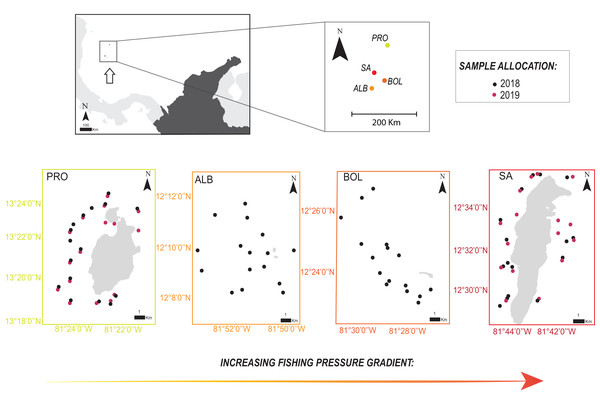 Location of the four sampling sites along the Seaflower Biosphere Reserve.
