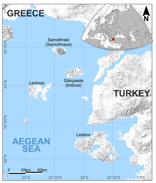 The location of Gökçeada island, Turkey and the Northeast Aegean Sea–eastern Mediterranean MCO hotspot.