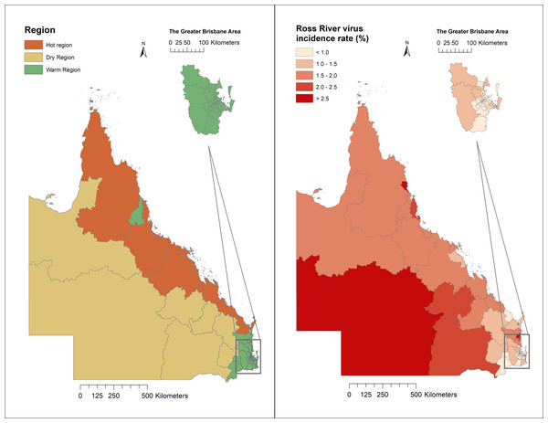 Classification of regions and distribution of Ross River virus cumulative incidence in Queensland, Australia, 2001–2020.
