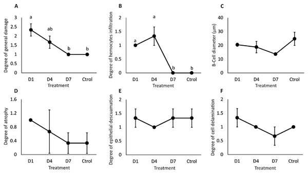 Semi-quantitative damage degree in the hepatopancreas of shrimp fed with feed- AgNPs.