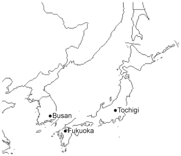 Geographical location of Busan, Fukuoka and Tochigi.