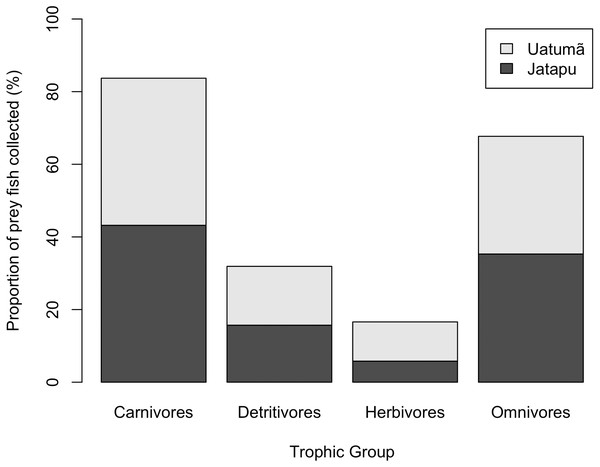The proportion of potential prey trophic groups collected in the dammed river: Uatumã River, and in the undammed river: Jatapú River.