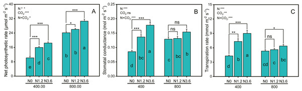 Differences in gas exchange parameters of A. mongolicum under ambient (400 ± 20 ppm) and elevated (800 ± 20 ppm) CO2 concentrations combined with control (N0), low (N1.2), and high (N3.6) nitrogen levels.