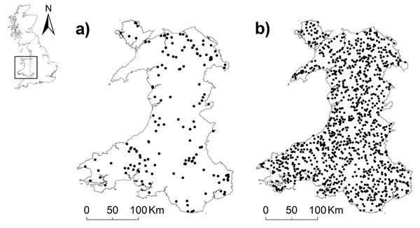 Maps of Wales showing locations of (A) mortalities (n = 171) and (B) pseudo-absences (n = 1200).