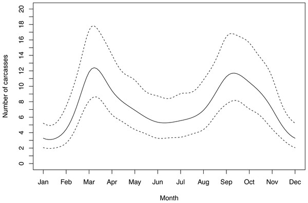 Seasonal fluctuation in polecat WVC showing smoothed numer of detections with 95% confidence intervals.