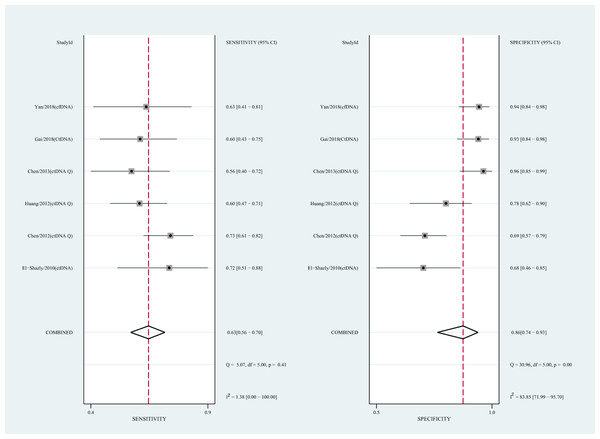 Forest plots of SEN and SPE for diagnostic value of ctDNA assay for HCC in ctDNA concentration detection subgroup.