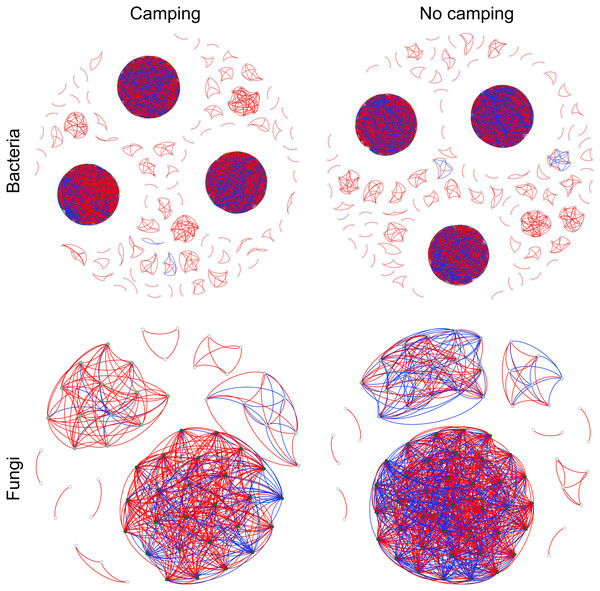 Co-occurrence networks for microbial communities between camping and no camping.