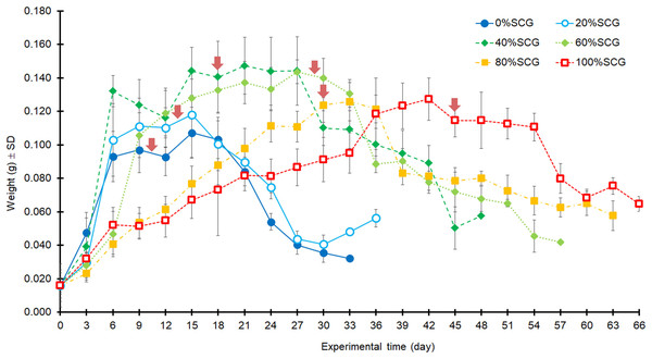 Growth curves of BSFL over time when reared on 200 mg/larva/d of fruit-vegetable pulp diet supplemented with various proportions of fSCG.