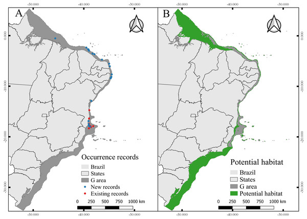Occurrence records and current potential habitat.