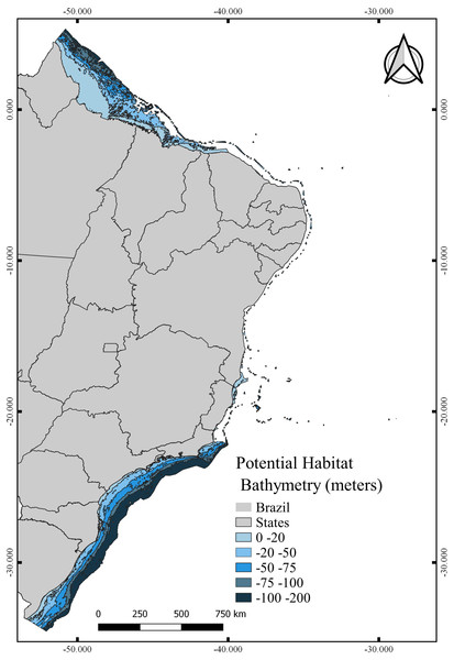 Potential habitat for Neospongodes atlantica at five different depths within the Brazilian coast from the intertidal zone to the end of the continental shelf.