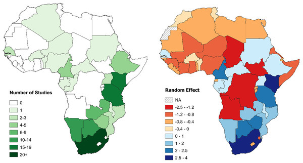Number of large carnivore population assessment studies in Africa and random effects for individual countries.