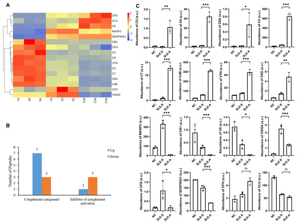 Comparison of urine proteins related to complement pathway between SLE active group and stable group.