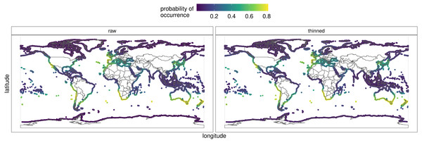 Predicted global distribution for the orange/red encrusting sponge Hymeniacidon perlevis derived by averaging an ensemble of presence-absence algorithms.