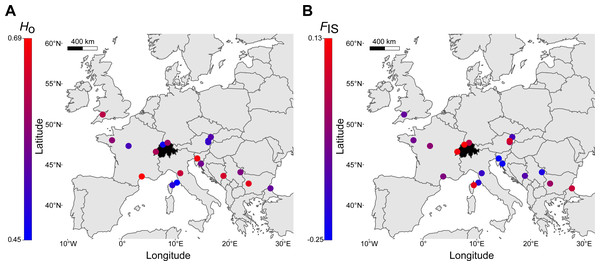 Distribution of genetic diversity of Sorbus domestica across Europe.
