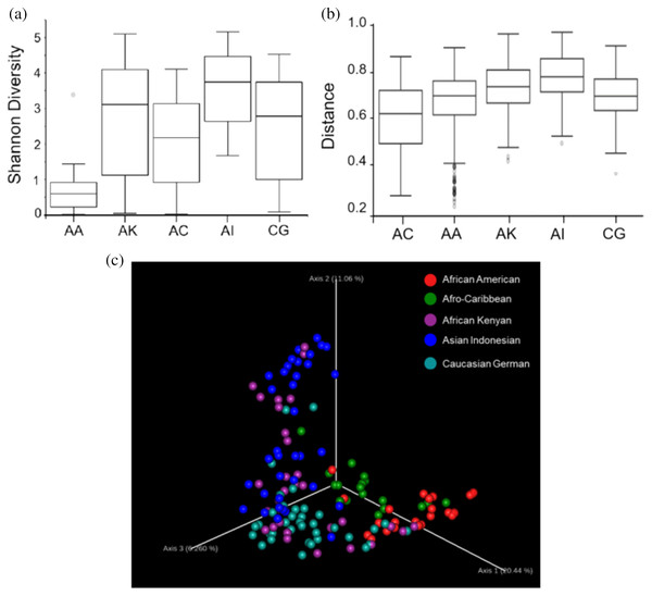 Plots showing species richness and diversity among the five ethnic groups (AA, African American; AC, Afro-Caribbean; AI, Asian Indonesian; AK, African Kenyan and CG, Caucasian German).