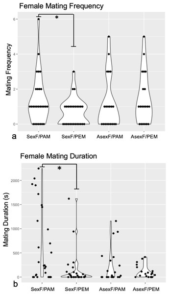 Violin plots of (A) mating frequency and (B) total mating duration in sexual vs. asexual females with conspecific vs. heterospecific males.