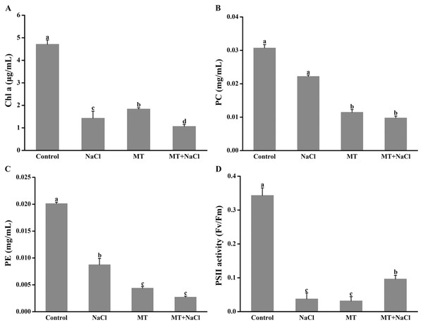 Melatonin pretreatment could change the color of algal cells, and then the impact of melatonin on photosynthetic pigments was explored.