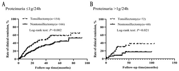 (A–B) Kaplan–Meier analysis of clinical remission between the tonsillectomy and nontonsillectomy groups under different proteinuria levels at onset.