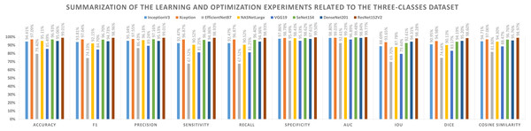 Summarization of the learning and optimization experiments related to the three-classes dataset.