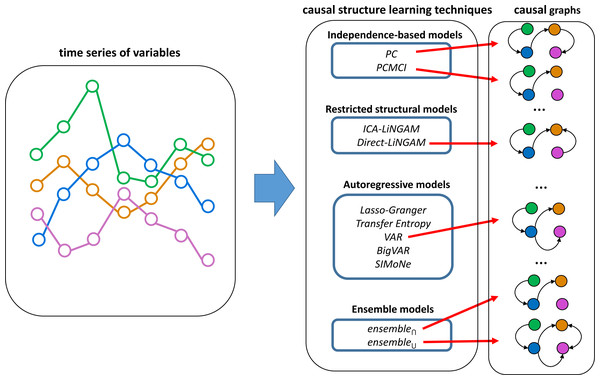 Overview of time series causal structure learning techniques analyzed in this work.