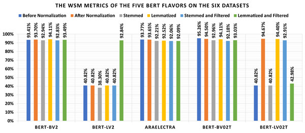 Graphical summarization of the WSM metrics of the five BERT flavors on the six datasets.
