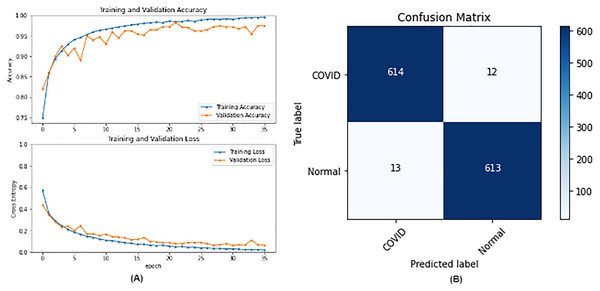VGG16 results where sub-figure (A) represents the learning curve of the model, while sub-figure (B) illustrates the confusion matrix on the testing data.