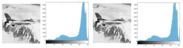 (A) Cover image of jet, (B) histogram of jet cover image, (C) stego image of jet, (D) histogram of jet stego image.
