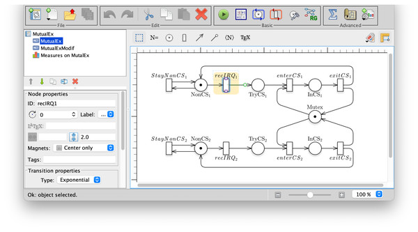A screenshot of the GreatSPN interface when drawing the Petri net model for the Mutual Exclusion Problem.