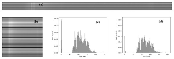 Solar radio spectrums and gray histograms before and after downsampling observed by the SBRS.