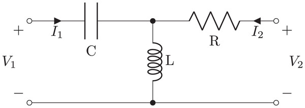 Schematic of second order filter example generated as a two-port network, using a T-Section or by chaining C, L, and R oneport components.