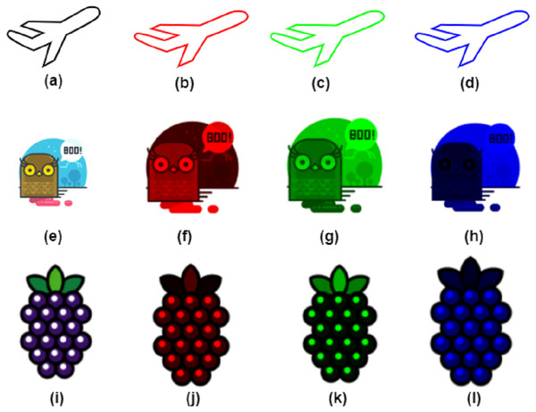 RGB channel separation. (B, F, J) red channel, (C, G, K) green channel, (D, H, L) blue channel of airplane, owl and fruits test images.