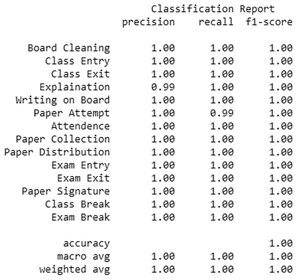 Various classification metrics showing the classification performance of the trained model.