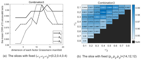The two graphs show the slice of CRR’s variation with each parameter with combination 3 on the Cambridge Hand Gesture Datasets.