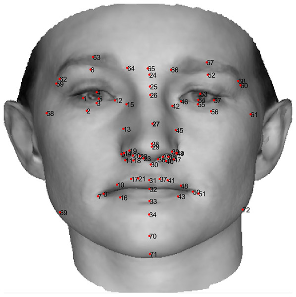 Location and order of 72 standard landmarks on a 2D image of a sample human face.