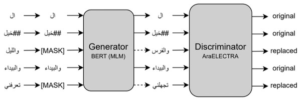 Replaced token detection pre-training approach (Antoun, Baly & Hajj, 2021).