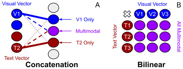 Visualisation of the differences between concatenation and bilinear representations for unimodal processing.