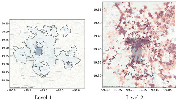Levels clusters polygons obtained with Natural Cities compared with metropolitan delimitation and compared with job to housing ratio at the city block level.