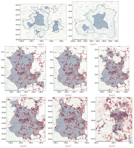 Level clusters polygons obtained with Adaptative DBSCAN compared with metropolitan delimitation and at lower scale compared with job to housing ratio at the city block level.