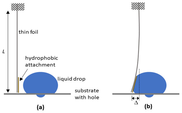 Schematic depictions of how a dangling foil is able to determine the interaction forces with the drop.